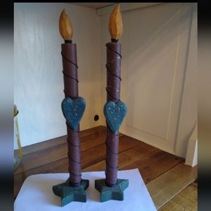 Vintage primitive wooden candlesticks